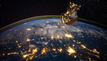Earth at Night With City Lights Visible and Satellite Above Over The Atmosphere And Stars In The Background