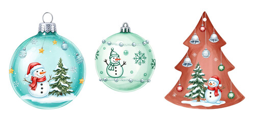 Watercolor Christmas ornaments with cheerful snowmen and festive winter scenes, perfect for holiday season decorations and greeting cards