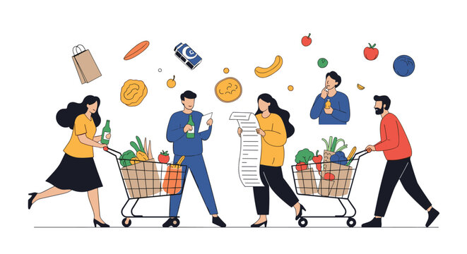 A group of diverse people grocery shopping together, pushing carts full of food and checking a long shopping list in a supermarket aisle. - Powered by Adobe