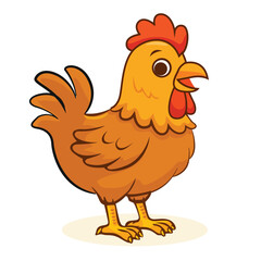 Clucking chicken with expressive eyes, red comb, and yellow feet