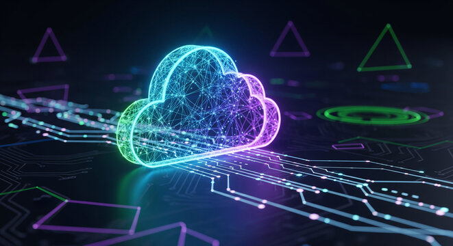 Stunning cloud computing network with vibrant neon data streams, representing modern technology solutions and digital transformation for business innovation