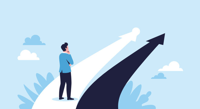 A pensive businessman stands at a crossroads where two paths diverge, contemplating his choice and making a critical decision about his future direction.