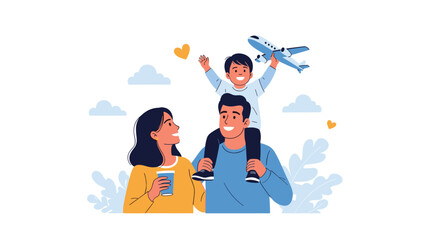 A happy family of three, with the joyful son riding on his father's shoulders holding a toy airplane, and the mother watching with a smile.