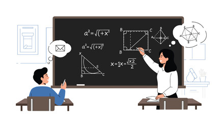 A female teacher explains complex geometry on a chalkboard while a distracted male student daydreams about messages on his phone during class.