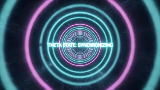 Abstract neon tunnel with glowing cyan and magenta rings flying forward. Text reads Theta State Synchronizing in center. Futuristic sci-fi interface or brainwave meditation concept
