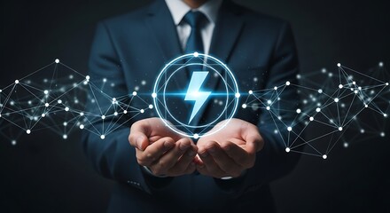 Businessman presents glowing lightning bolt symbol in his hands, surrounded by digital network, representing energy and innovation in a modern setting.
