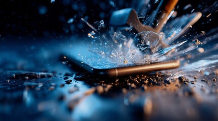 Hammer slamming against smartphone screen, shattering glass into sharp fragments, expressing digital frustration and emotional release on dark backdrop