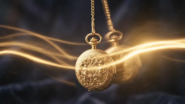 Antique gold pocket watch swinging like a pendulum with magical light trails. Vintage timepiece moving back and forth with glowing energy streaks. Hypnosis and time concept