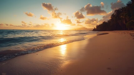 Golden hour on a tropical beach, serene sunset over the ocean.
