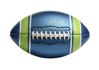 A detailed view of a blue and green american football on black background