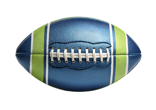 A detailed view of a blue and green american football on black background