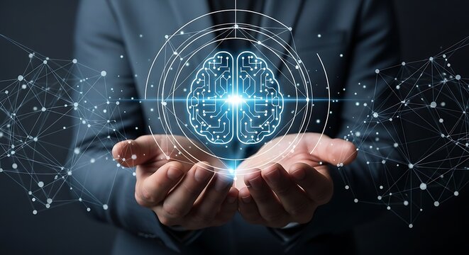 Businessman holds digital brain in his hands, symbolizing artificial intelligence and future technology with glowing connections and innovation.