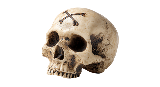 A detailed studio shot of a human skull with crossed bones on top