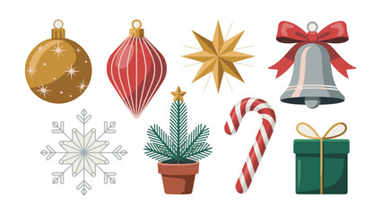 Festive Ornaments and Embellishments: A collection of decorative elements, including ornaments, stars, bells, and a gift box, evoke the spirit of the holiday season.