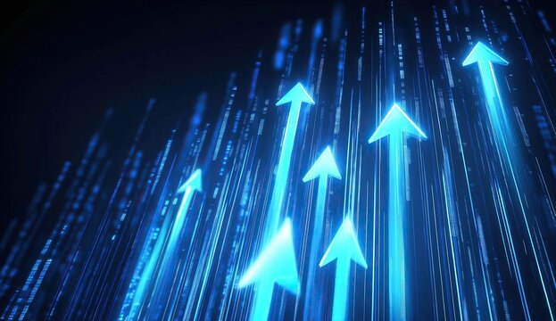 Abstract background with glowing blue arrows pointing upwards on a dark digital space representing growth and progress in technology or business.