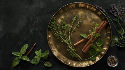 Advertising - product photo of decorative realistic of oregano leaves, thyme leaves, cinnamon bark, rosemary leaves, lavender on large reflective brass plate on black natural background