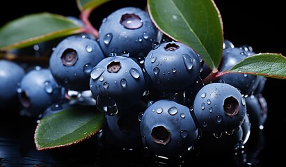 Close up of fresh blueberries with water droplets on them against a black background with green leaves for healthy food concept