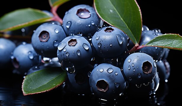Close up of fresh blueberries with water droplets on them against a black background with green leaves for healthy food concept