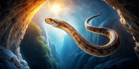 Majestic Serpent Emerging from a Sunlit Cave, a Symbol of Ancient Mystery and Untamed Nature