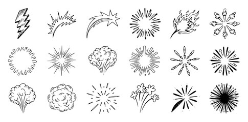Hand-drawn collection of comic book style explosion and burst effects