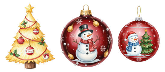 Vibrant Christmas Holiday Collection with Decorated Tree and Snowman Ornaments on transparent background