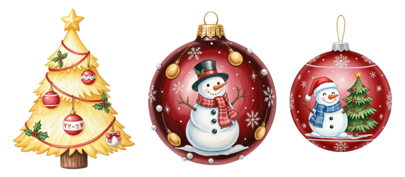 Vibrant Christmas Holiday Collection with Decorated Tree and Snowman Ornaments on transparent background