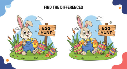 A vibrant find the differences educational game for children featuring a cute Easter bunny on an egg hunt with a wooden sign.