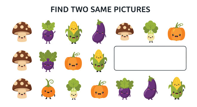 A fun educational game for kids to find two identical pictures among a set of cute and happy kawaii vegetable characters.