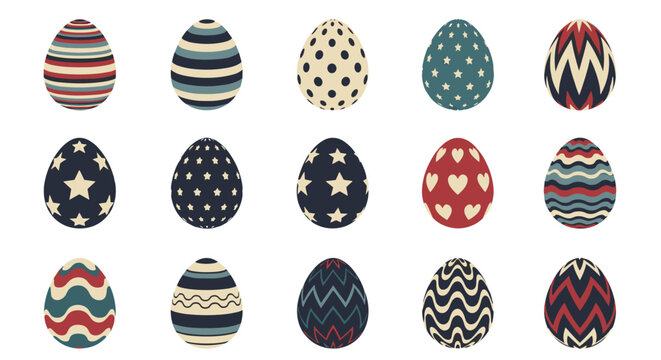 A collection of beautifully decorated Easter eggs with various vintage-style patterns like stripes, stars, and dots in a retro color palette.