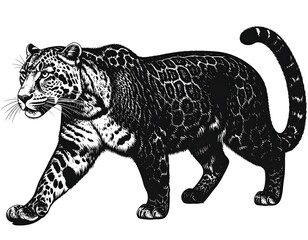 Obraz premium Black and white illustration of a jaguar walking on a white background