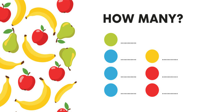 An educational counting game for preschool children, asking 'how many' fruits like apples, bananas, and pears are in the picture.