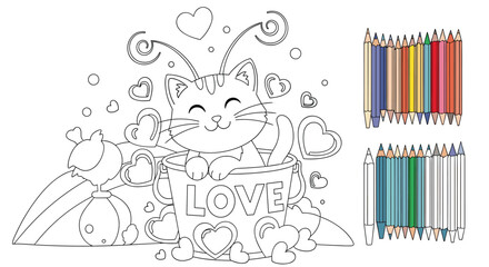 A lovely Valentine's Day coloring page with a cute cat in a love bucket, a bird, and colored pencils for creative activity.