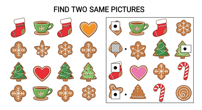 A festive Christmas-themed educational game for kids to find two identical pictures among various gingerbread cookies, socks, and other holiday items.