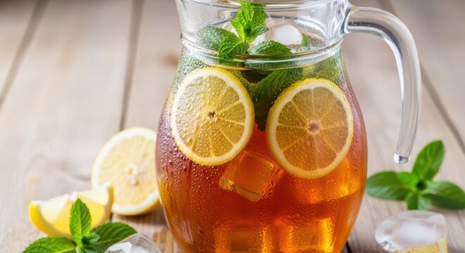 Refreshing iced tea with lemon slices and mint in glass pitcher