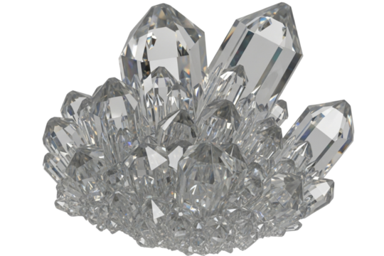 Cluster of clear quartz crystals on a black background