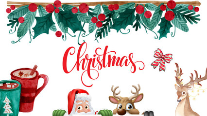 Fototapeta premium Spread Holiday Cheer with Santa, Reindeer, and Cozy Drinks, Perfect for Christmas Cards and Festive Designs, Creating Joyful Moments with Delightful Characters