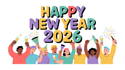 Happy New Year 2026 Celebration: A jubilant group welcomes the new year with a burst of confetti, champagne, and camaraderie, signifying hope, happiness, and new beginnings.