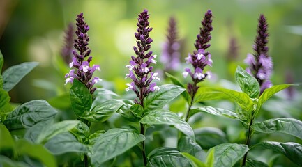 Close-up of purple flowers with green foliage