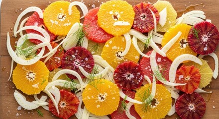 Vibrant citrus salad with fennel and sea salt on wood board