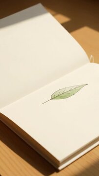 Close Up of Open Notebook Page with Drawn Leaf Design on Wooden Surface under Warm Sunlight