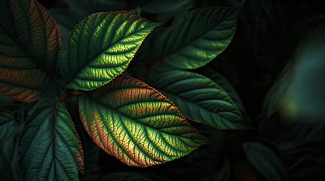 A close-up view presents several broad leaves. Their green and brown hues indicate their state. The detailed veins create a stunning naturalistic texture