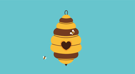 A cute and simple illustration of a beehive with a heart-shaped entrance and two small bees flying around on a blue background.
