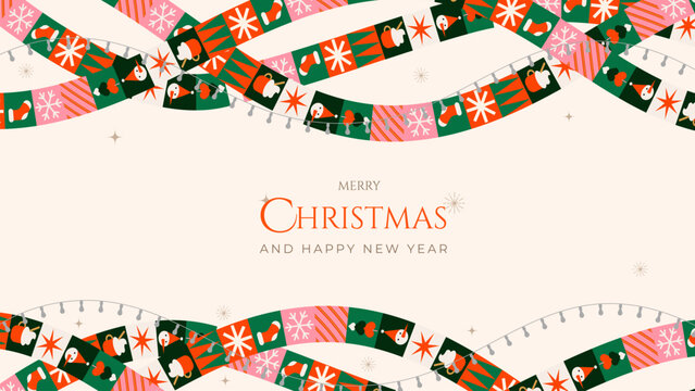 A festive layout with wavy garlands of colorful Christmas icons on a soft background, creating a cheerful seasonal mood, perfect for holiday greetings or year-end celebration designs.