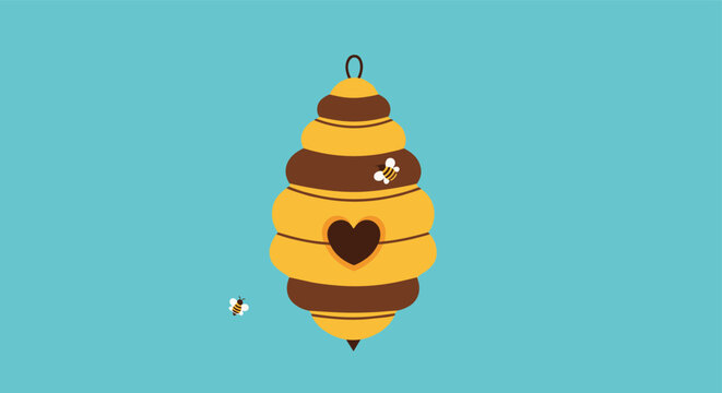 A cute and simple illustration of a beehive with a heart-shaped entrance and two small bees flying around on a blue background.