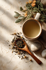 Herbal tea composition with dried leaves, flowers and ceramic cup in warm sunlight
