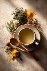 Herbal tea composition with dried leaves, flowers and ceramic cup in warm sunlight