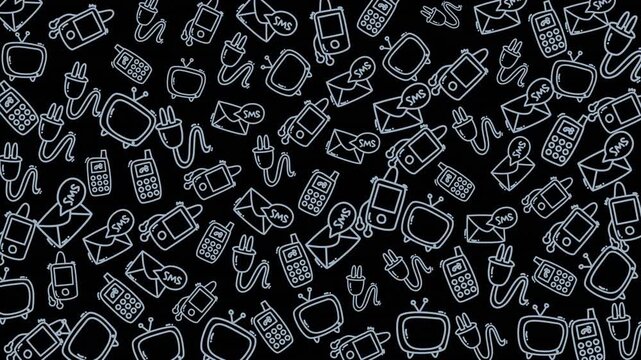 A vibrant display of various digital devices and tech accessories depicted in clean monochrome outlines, highlighting modern communication and electronic innovation.