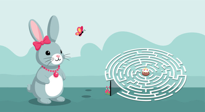 A fun maze puzzle for children where a cute gray bunny needs to find its way through a circular labyrinth to a cake.