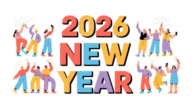 Joyful New Year Celebration 2026: A vibrant illustration depicts the arrival of 2026, with a crowd of people gathered to welcome the new year with excitement and unity.