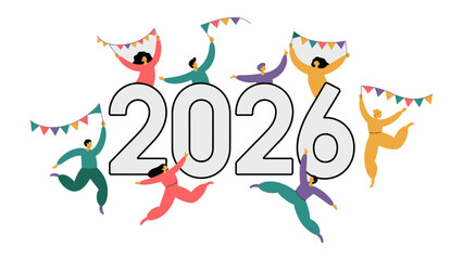 2026 Celebration: A jubilant depiction of the year 2026, where a diverse group of people joyfully decorate and celebrate with colorful pennants.